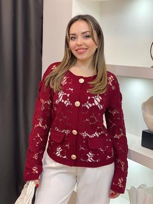 Tasarım Bordo Renk Motifli Triko Hırka 