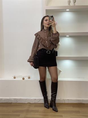 Tasarım Ekose Desen Kahve Volanlı Gömlek 