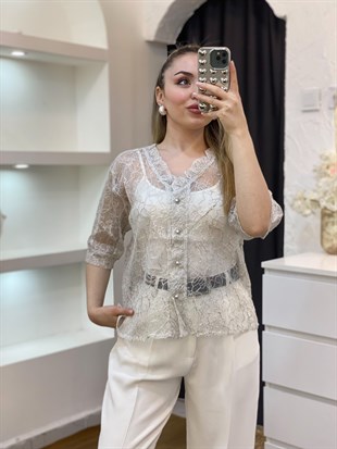 Tasarım Gümüş Baskılı Yaka Fırfırlı Gömlek