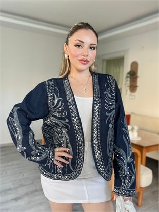 Tasarım Gümüş Pul İşlemeli Kot Ceket