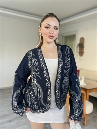 Tasarım Gümüş Pul İşlemeli Kot Ceket