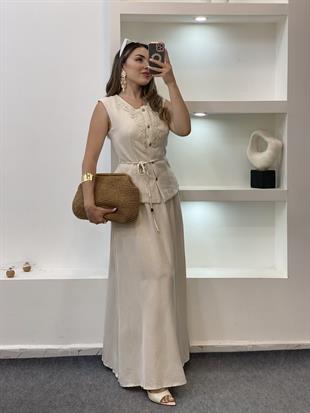 Tasarım Güpürlü Keten Etekli Takım