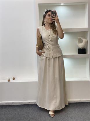 Tasarım Güpürlü Keten Etekli Takım