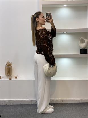 Tasarım Kahve Dantel Bluz 