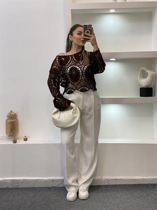 Tasarım Kahve Dantel Bluz 