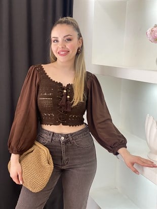 Tasarım Kahve Önü Bağlamalı Model Dantel Bluz 