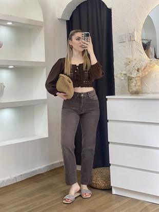 Tasarım Kahve Önü Bağlamalı Model Dantel Bluz 