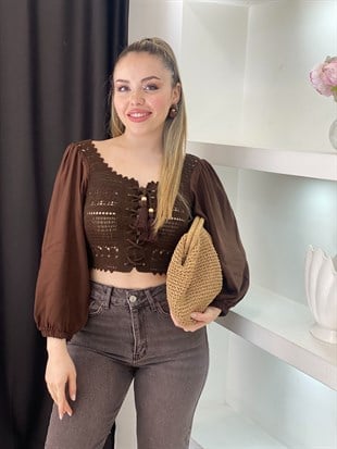 Tasarım Kahve Önü Bağlamalı Model Dantel Bluz 