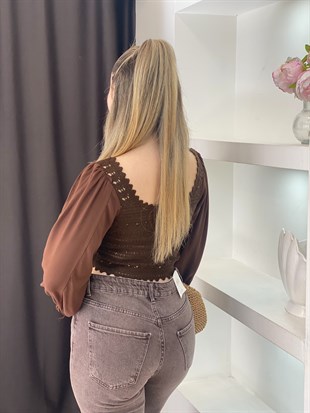 Tasarım Kahve Önü Bağlamalı Model Dantel Bluz 