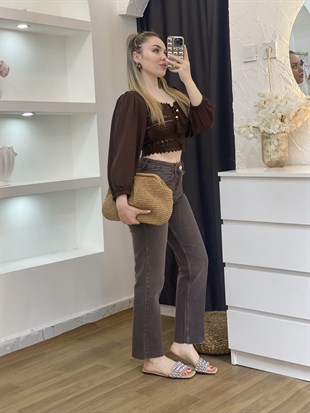 Tasarım Kahve Önü Bağlamalı Model Dantel Bluz 