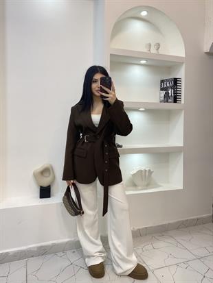 Tasarım Kahve Oversize Beli Kemerli Blazer Ceket
