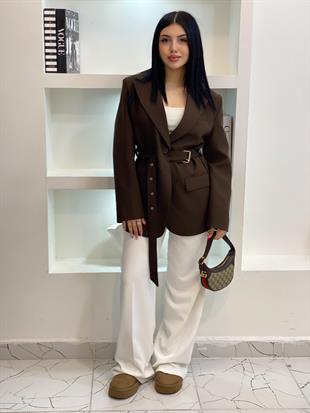 Tasarım Kahve Oversize Beli Kemerli Blazer Ceket