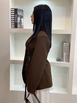 Tasarım Kahve Oversize Beli Kemerli Blazer Ceket