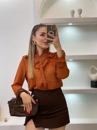 Tasarım Kiremit Renk Volanlı Gömlek 