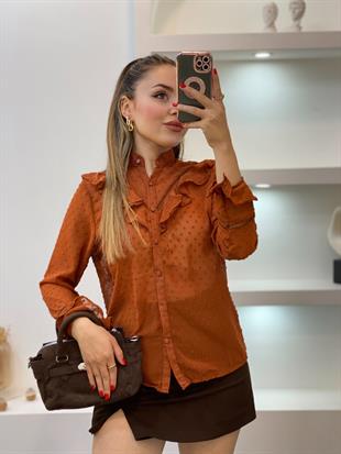 Tasarım Kiremit Renk Volanlı Gömlek 