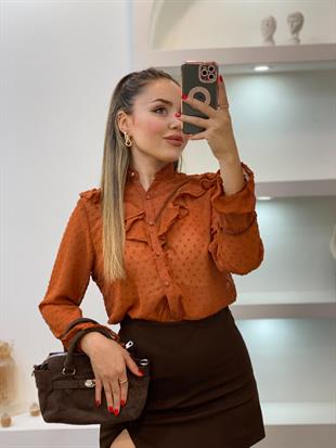 Tasarım Kiremit Renk Volanlı Gömlek 