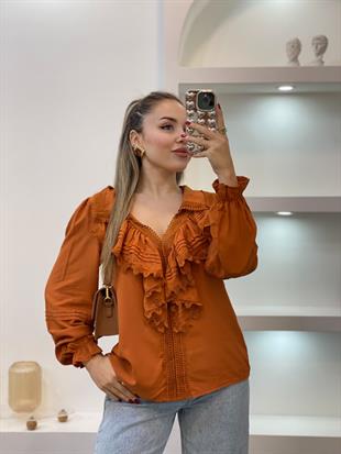 Tasarım Kiremit V Yaka Önü Volanlı  Bluz 