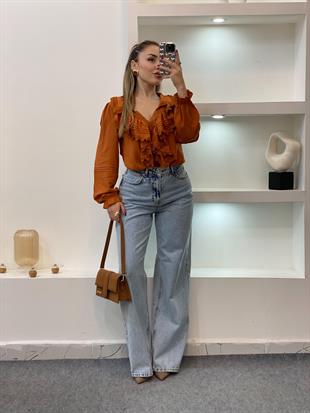 Tasarım Kiremit V Yaka Önü Volanlı  Bluz 