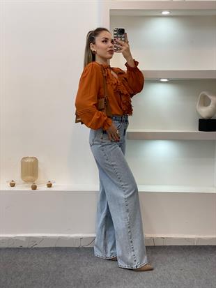 Tasarım Kiremit V Yaka Önü Volanlı  Bluz 