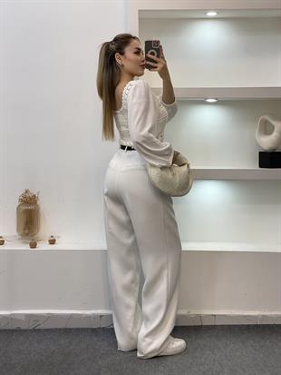 Tasarım Kırık Beyaz Önü Bağlamalı Model Dantel Bluz 