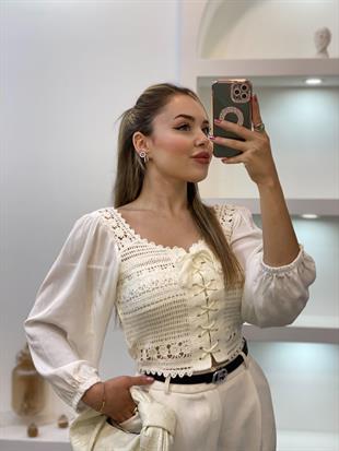 Tasarım Kırık Beyaz Önü Bağlamalı Model Dantel Bluz 