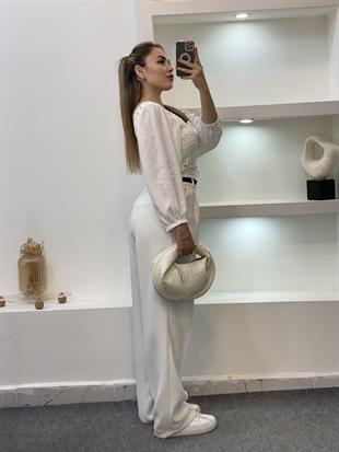 Tasarım Kırık Beyaz Önü Bağlamalı Model Dantel Bluz 