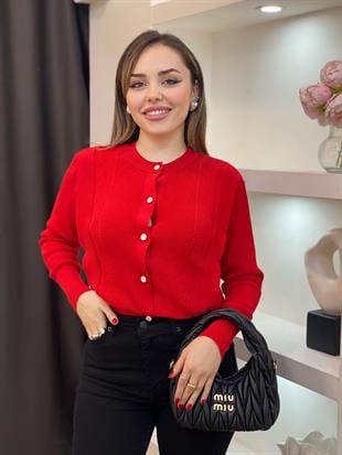 Tasarım Kırmızı Sedef Düğmeli Elit Triko Hırka 