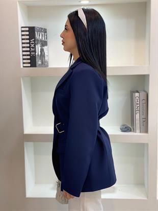 Tasarım Lacivert Oversize Beli Kemerli Blazer Ceket