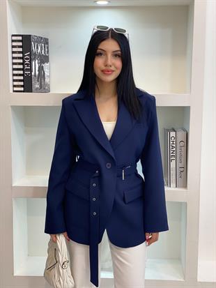 Tasarım Lacivert Oversize Beli Kemerli Blazer Ceket