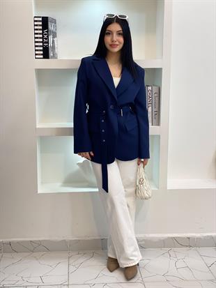 Tasarım Lacivert Oversize Beli Kemerli Blazer Ceket