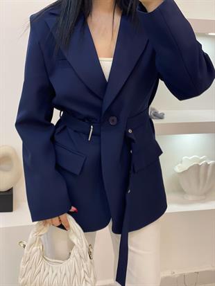 Tasarım Lacivert Oversize Beli Kemerli Blazer Ceket