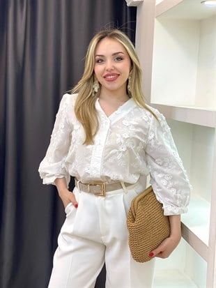 Tasarım Lüx Kalite Beyaz Nakışlı Gömlek