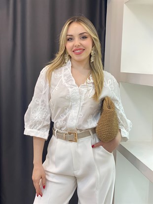 Tasarım Lüx Kalite Beyaz Nakışlı Gömlek