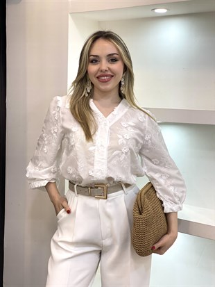 Tasarım Lüx Kalite Beyaz Nakışlı Gömlek
