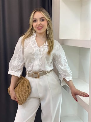 Tasarım Lüx Kalite Beyaz Nakışlı Gömlek