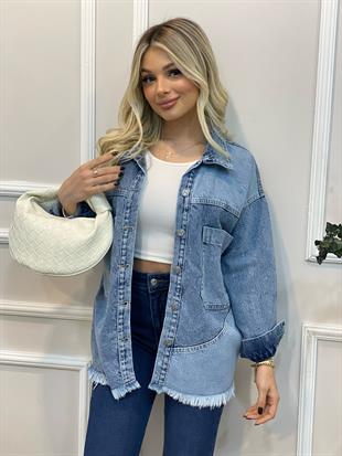 Tasarım Mavi Alt Püskül Detaylı Kot Ceket 