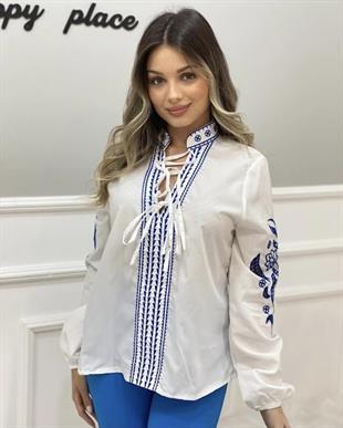 Tasarım Mavi Nakışlı Bluz