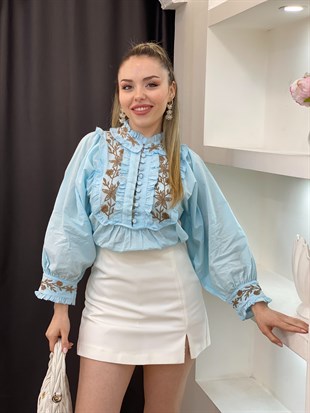 Tasarım Mavi Önü Düğmeli Nakışlı Bluz 