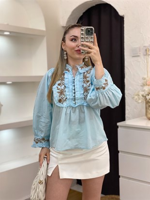 Tasarım Mavi Önü Düğmeli Nakışlı Bluz 