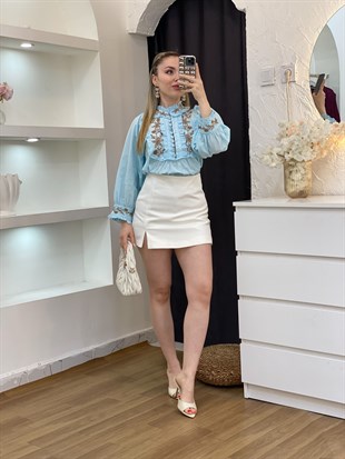 Tasarım Mavi Önü Düğmeli Nakışlı Bluz 