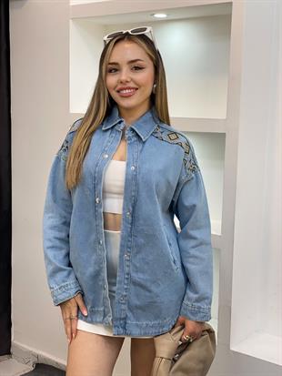 Tasarım Mavi Renk Nakışlı Kot Ceket 