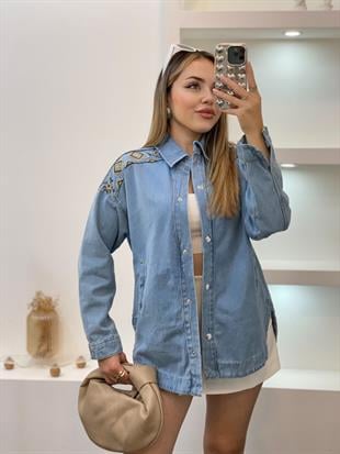 Tasarım Mavi Renk Nakışlı Kot Ceket 