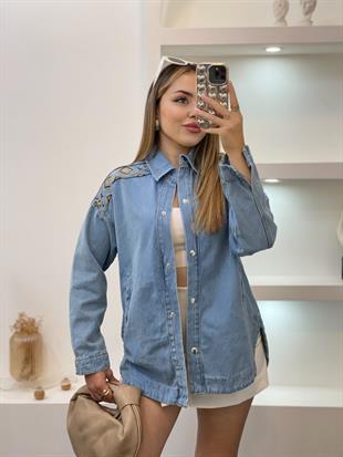 Tasarım Mavi Renk Nakışlı Kot Ceket 