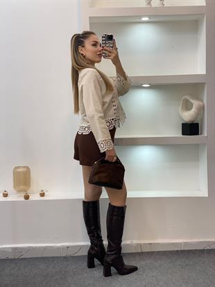 Tasarım Motif Detaylı Bej Gömlek Ceket