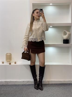 Tasarım Motif Detaylı Bej Gömlek Ceket