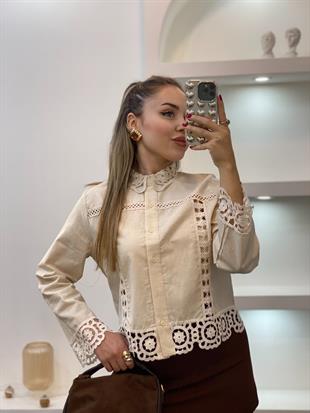 Tasarım Motif Detaylı Bej Gömlek Ceket