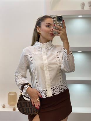 Tasarım Motif Detaylı Beyaz Gömlek Ceket
