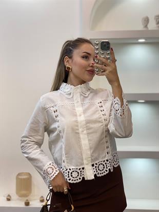 Tasarım Motif Detaylı Beyaz Gömlek Ceket