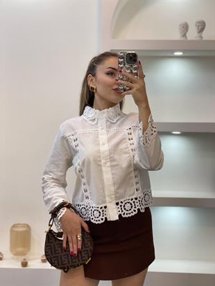 Tasarım Motif Detaylı Beyaz Gömlek Ceket