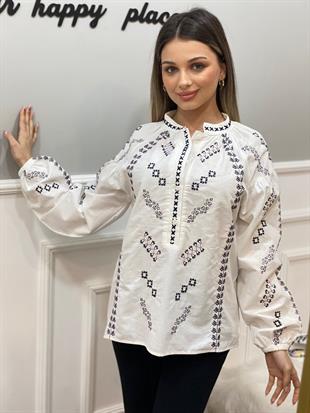 Tasarım Nakışlı Hakim Yaka Bluz